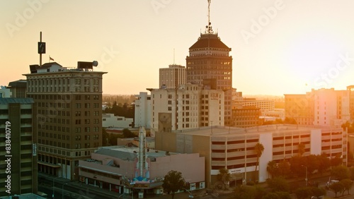4K Ultra HD Drone Shot of Morning Sunlight on Downtown Buildings in Fresno  California
