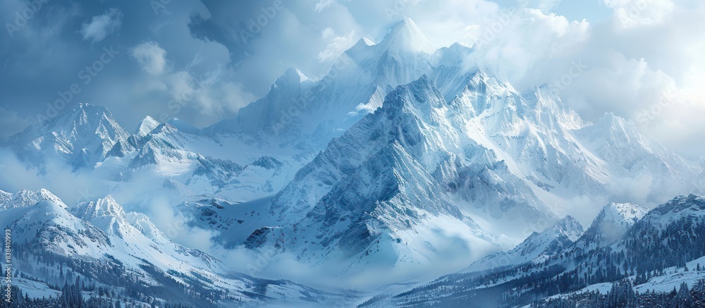 Fototapeta premium view of snow mountain peaks in winter landscape