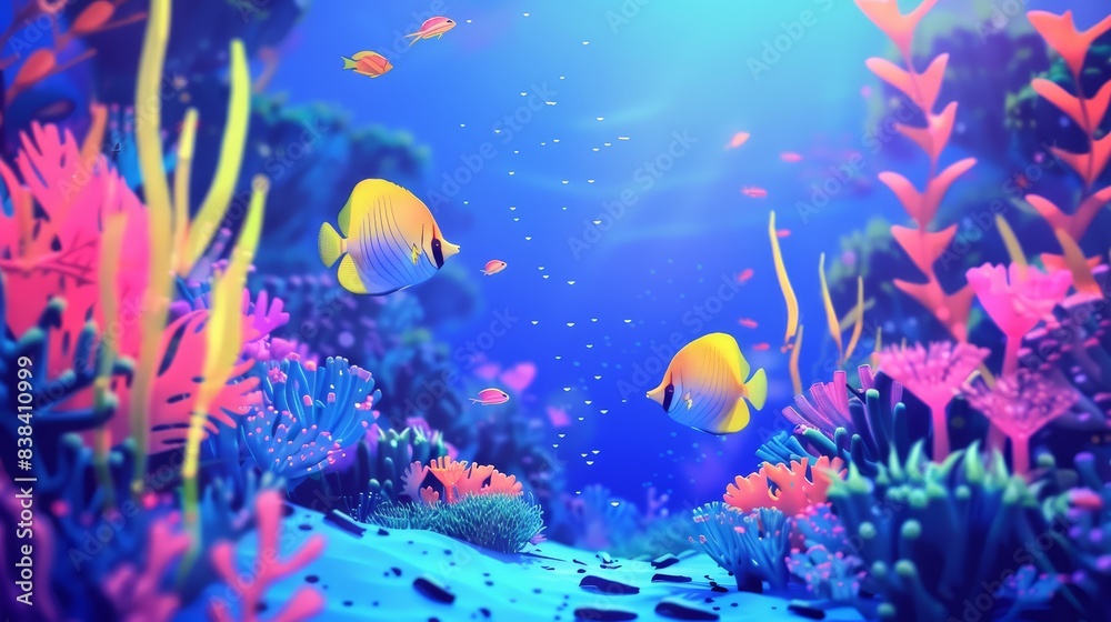 Fototapeta Colorful tropical fish amidst coral reef, minimalistic and vibrant underwater scene. Perfect for marine biology and ocean beauty themes