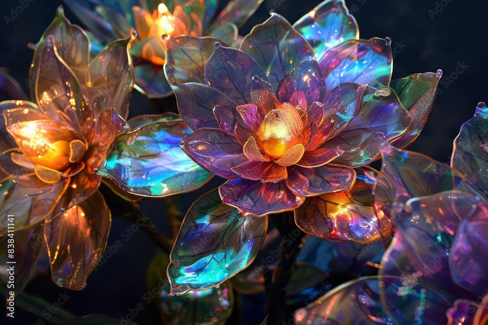 Obraz premium A mesmerizing bouquet with blooms that have iridescent petals, shimmering like jewels and radiating a futuristic charm