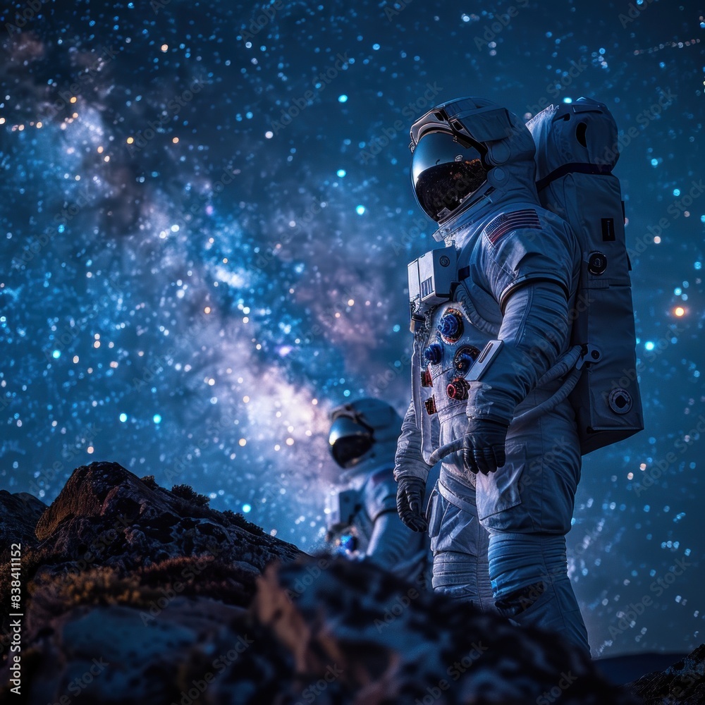Two astronauts in spacesuits standing on the moon looking up at the stars and galaxy. Starry night sky in wide shot, in cinematic style. Night view with dramatic lighting Two astronauts in spacesuits standing on the moon looking up at the stars and galaxy. Starry night sky in wide shot, in cinematic style. Night view with dramatic lighting