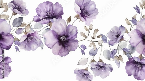 Fototapeta Naklejka Na Ścianę i Meble -  A seamless border featuring delicate purple watercolor flowers, elegantly arranged against a crisp white background