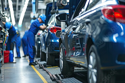a car factory with workers working on cars, a factory with a lot of cars on the assembly line, team of technicians performing routine maintenance on a fleet of cars