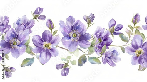 Fototapeta Naklejka Na Ścianę i Meble -  A seamless border featuring delicate purple watercolor flowers, elegantly arranged against a crisp white background