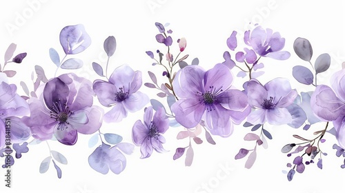 Fototapeta Naklejka Na Ścianę i Meble -  A seamless border featuring delicate purple watercolor flowers, elegantly arranged against a crisp white background