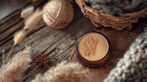 Cruelty-free makeup products, natural fibers, wooden accessories, close-up, sustainable focus, photorealistic, dynamic, blend mode, rustic setting