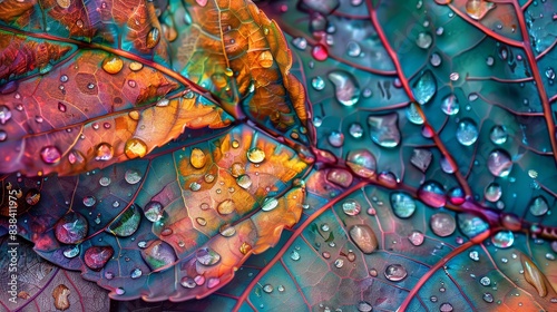 Detailed autumn leaves with rain droplets, close-up, vibrant hues, intricate patterns, photorealistic, futuristic, manipulation, lakeside setting © JP STUDIO LAB
