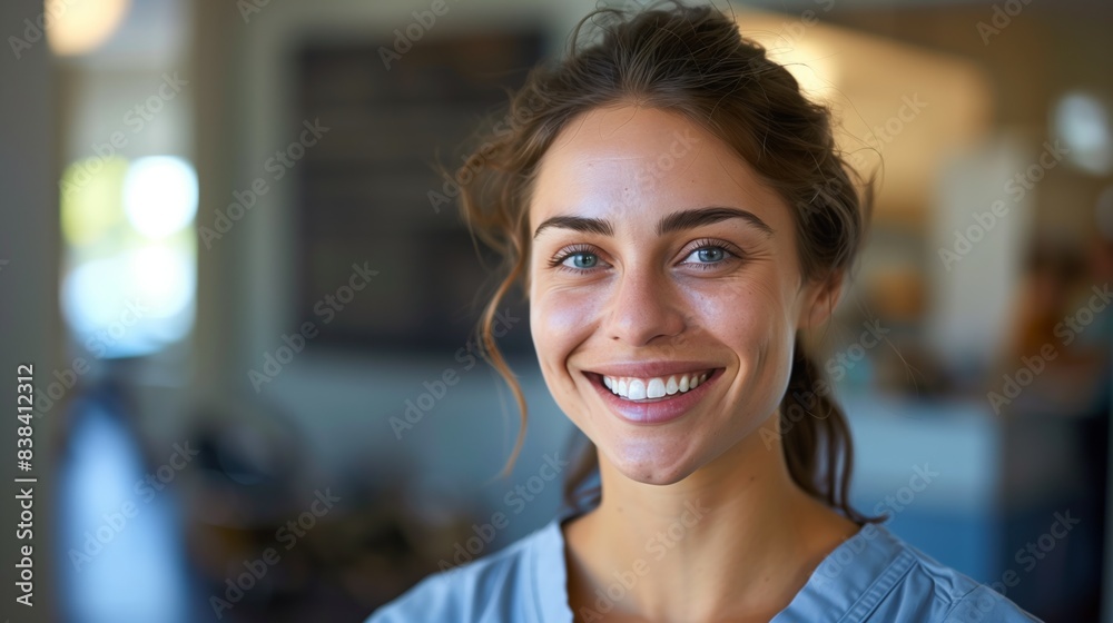 A friendly female dentist with a warm smile standing in a modern dental clinic, showcasing professionalism and a welcoming atmosphere for patients. A friendly female dentist with a warm smile standing in a modern dental clinic, showcasing professionalism and a welcoming atmosphere for patients.