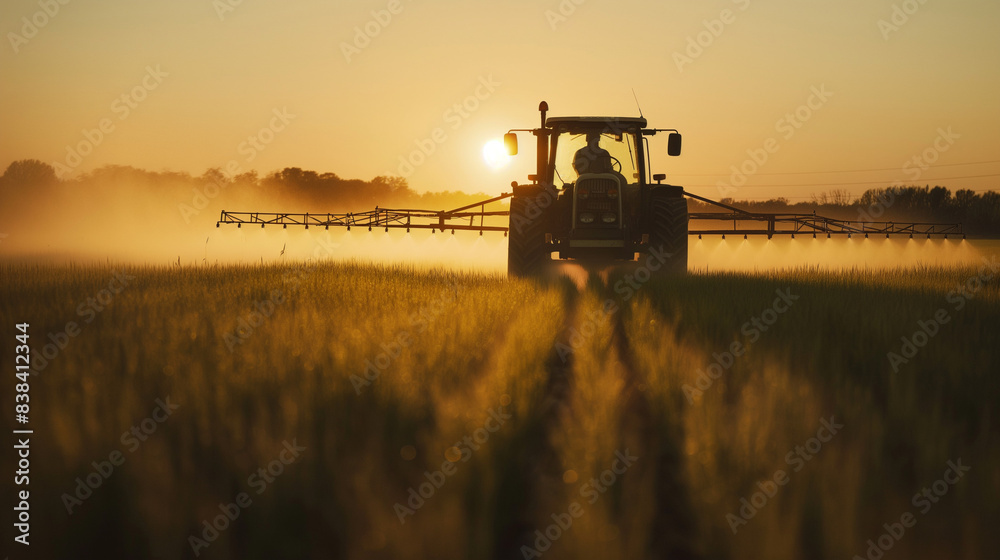 Fototapeta premium Tractor spraying pesticides in a field during sunset.