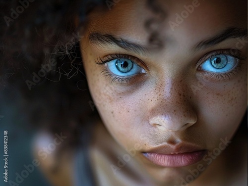 Stunning high resolution photos of a lost, relaxed multiracial girl with dull gray eyes, worried about what she's doing.