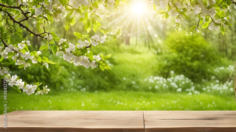 Obraz premium spring-beautiful-background-with-green-lush-young-foliage-and-flowering-branches-with-an-empty-woode