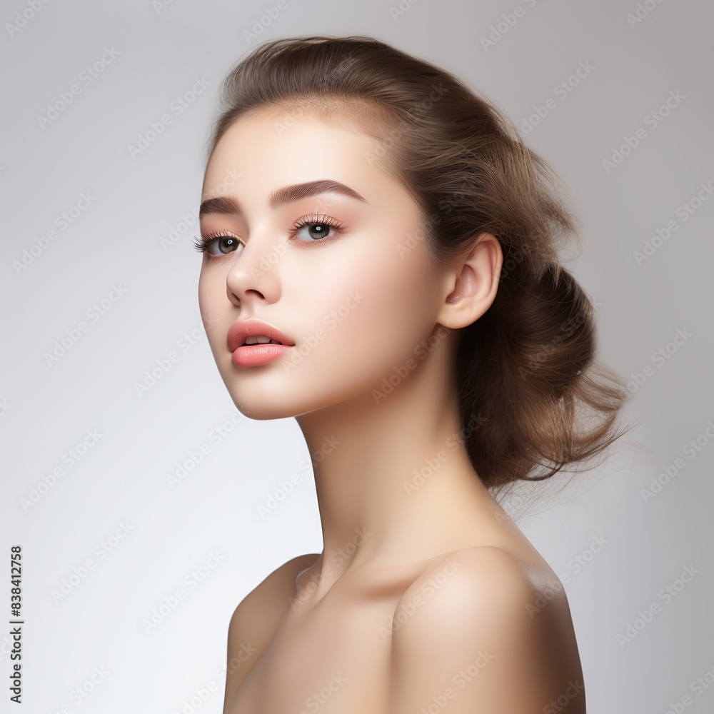 Portrait of a beautiful young woman bright skin on studio background