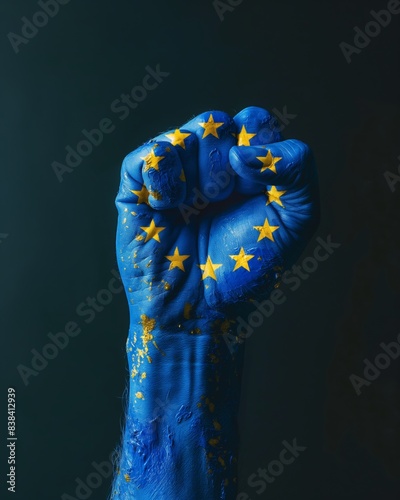 Image of the European flag painted on an outstretched fist photo