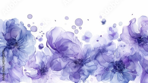 Fototapeta Naklejka Na Ścianę i Meble -  A surreal seamless border with purple watercolor flowers, their petals blending into fantastical shapes and patterns, floating against a pure white background