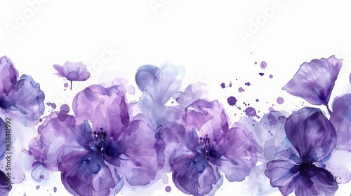Fototapeta Naklejka Na Ścianę i Meble -  A surreal seamless border with purple watercolor flowers, their petals blending into fantastical shapes and patterns, floating against a pure white background