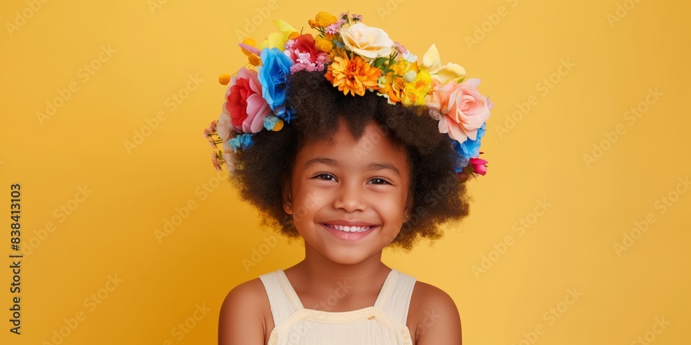 Portrait of a happy little girl with a colorful flower wreath on her head