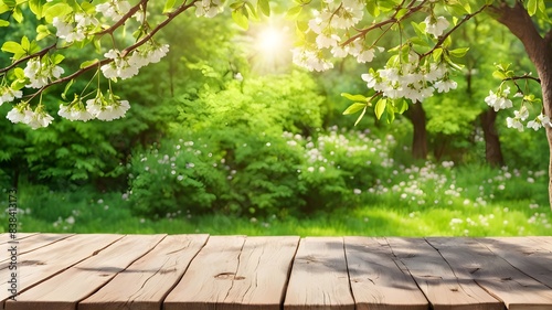 spring-beautiful-background-with-green-lush-young-foliage-and-flowering-branches-with-an-empty-woode