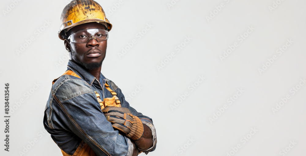 An African American man in construction attire poses against a white backdrop. An African American man in construction attire poses against a white backdrop.