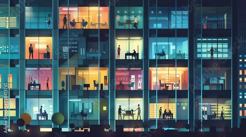 A colorful night view of a modern office building with multiple stories, each showcasing different businesses in their unique spaces