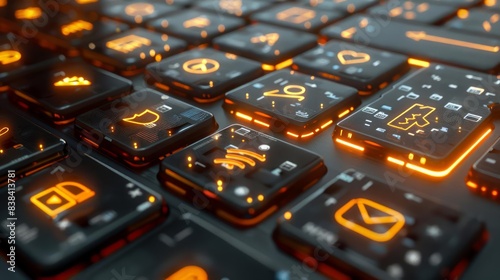 An advanced keyboard emits an orange glow, featuring symbols of different social platforms, representing cuttingedge technology © JK_kyoto