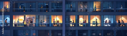 A panoramic view of an office building at night, with various rooms showcasing people working, meeting, and collaborating under bright lights.