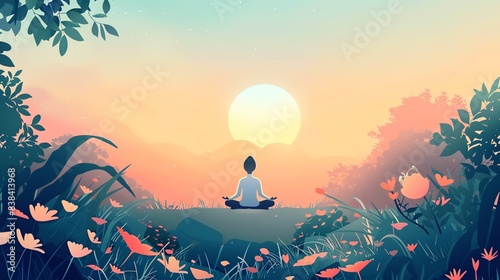 A serene scene of a person meditating in a peaceful natural setting at sunrise  surrounded by lush foliage and flowers.