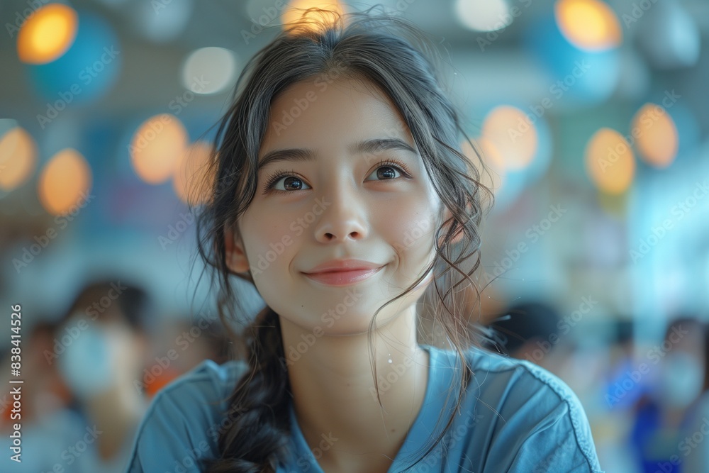 Woman pretending to think of something happy Woman pretending to think of something happy