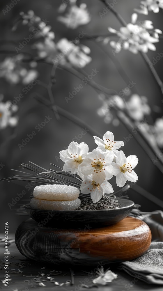 Elegant arrangement of white flowers and candles on a decorative stand, creating a serene and peaceful atmosphere in monochrome setting. Elegant arrangement of white flowers and candles on a decorative stand, creating a serene and peaceful atmosphere in monochrome setting.