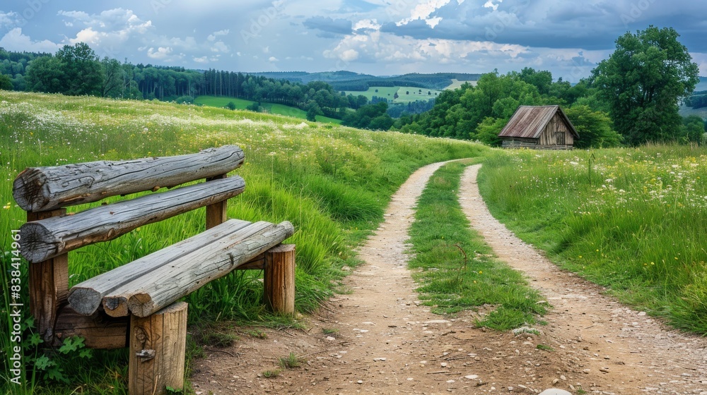 Idyllic countryside bus stop with a wooden bench, overlooking a lush green landscape with a meandering path and distant hills. Idyllic countryside bus stop with a wooden bench, overlooking a lush green landscape with a meandering path and distant hills.