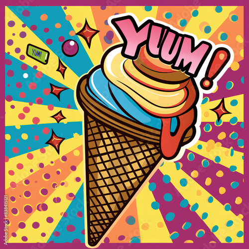 Playful Pop-Art Ice Cream Cone with "YUM!" on Vibrant Multicolored Background