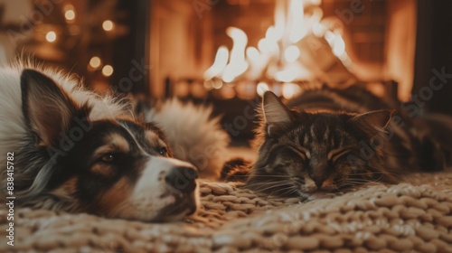 A dog and a cat are napping on a blanket in front of a fireplace, enjoying the warmth and cozy atmosphere. photo