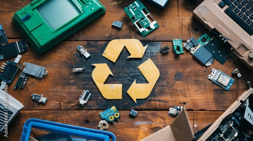 A pile of electronic waste with a recycling symbol in the middle