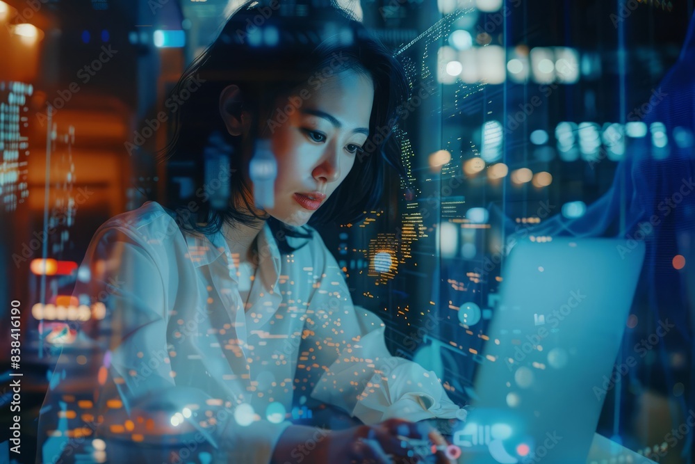 In a modern, techdriven office, a businesswoman utilizes a futuristic laptop to seamlessly connect with her team, instantly accessing necessary resources and social networks In a modern, techdriven office, a businesswoman utilizes a futuristic laptop to seamlessly connect with her team, instantly accessing necessary resources and social networks