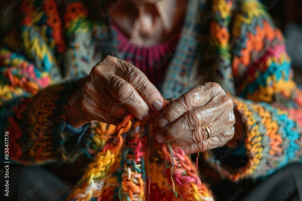 Elderly Asian Woman Skillfully Knits a Colorful Scarf, Emphasizing the Beauty of Handcrafted Work in Intimate Home Setting Elderly Asian Woman Skillfully Knits a Colorful Scarf, Emphasizing the Beauty of Handcrafted Work in Intimate Home Setting