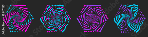 Abstract geometric design in the form of swirl dots with dotted spiral lines. Radial rotating halftone shape. Vector illustration.	