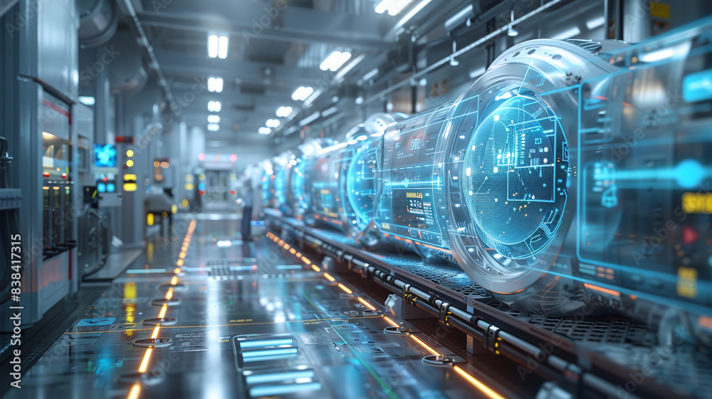 Internet of things, industrial IoT, Factory floor with automated machinery and robots connected through IoT systems, efficiency and advanced technology