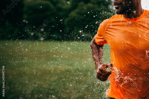 Dynamic scene of a runner in an orange shirt sprinting through water splashes, emphasizing the energy and movement involved in an outdoor running session in nature.