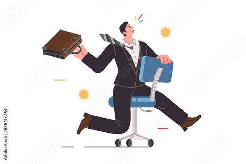 Business man rides on office chair and rejoices at opportunity to build career and gain new skills