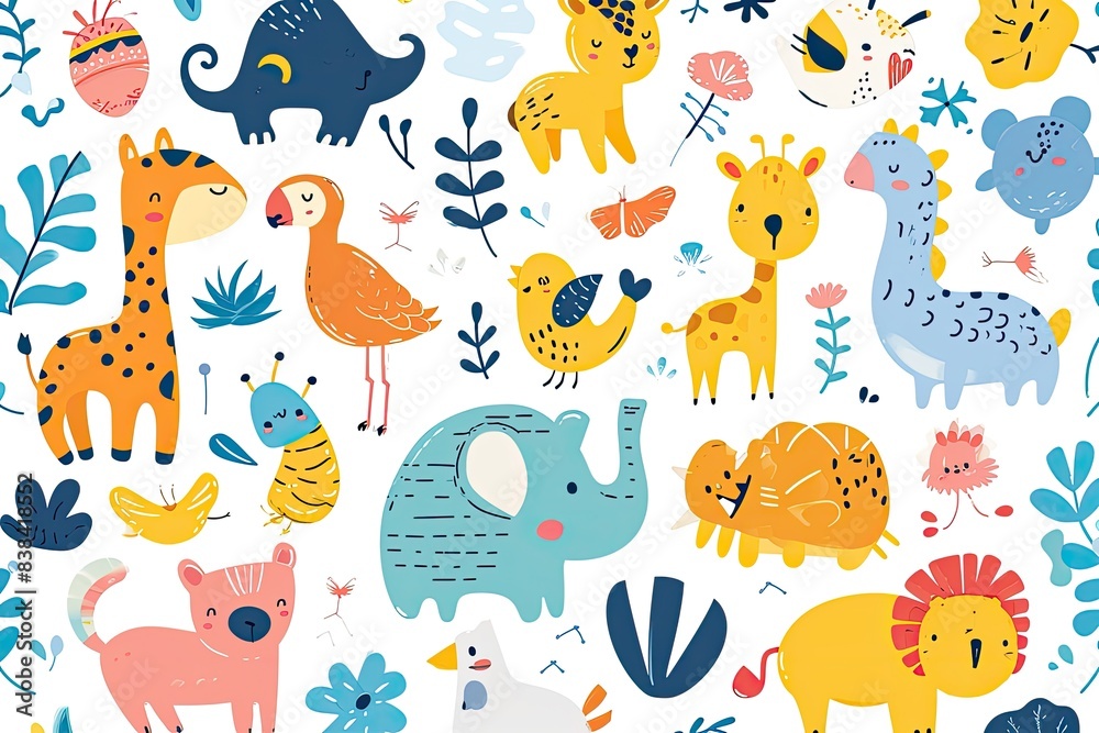 Naklejka premium a colorful pattern with cute animals and birds, a pattern of colorful animals and birds, Cute vector background featuring adorable creatures in a joyful composition