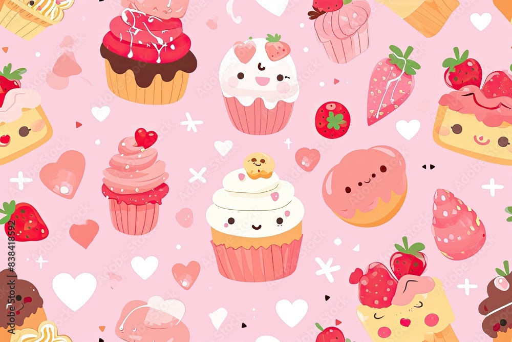 a pink background with a bunch of cupcakes and other desserts, a pink background with a bunch of cupcakes, Cute vector design with kawaii-style elements for a delightful aesthetic