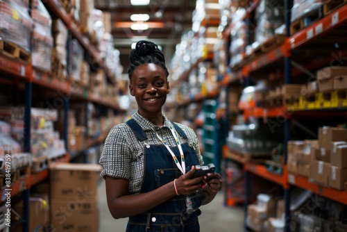 A photo of an African American woman warehouse worker wearing overalls and holding a lanyard, standing in the center of her spacious warehouse