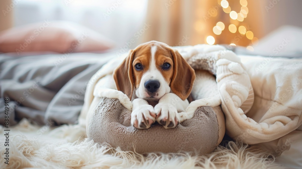 A beagle puppy lays peacefully in its bed, snuggled in a blanket. The puppy is looking directly at the camera, with its paws crossed.