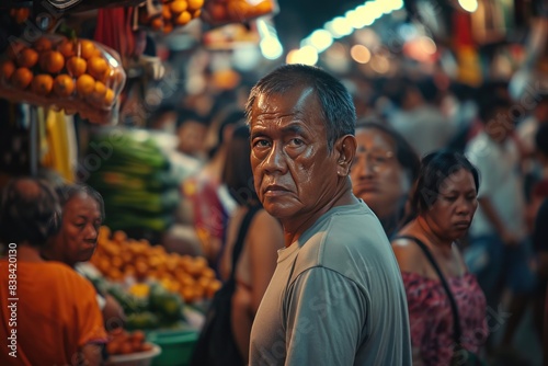 a man standing in a market with a lot of people, a man standing in a market with a lot of people, Faces of diverse individuals in a crowded market © SaroStock