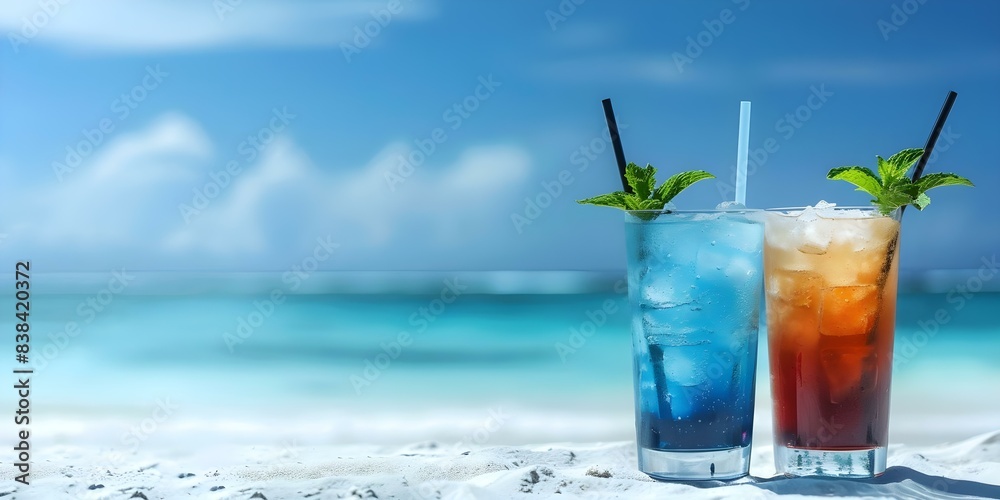 Closeup of colorful cocktails on sandy beach with ocean view. Concept Beach Cocktails, Tropical Drinks, Ocean View, Colorful Cocktails, Close-Up Shots Closeup of colorful cocktails on sandy beach with ocean view. Concept Beach Cocktails, Tropical Drinks, Ocean View, Colorful Cocktails, Close-Up Shots