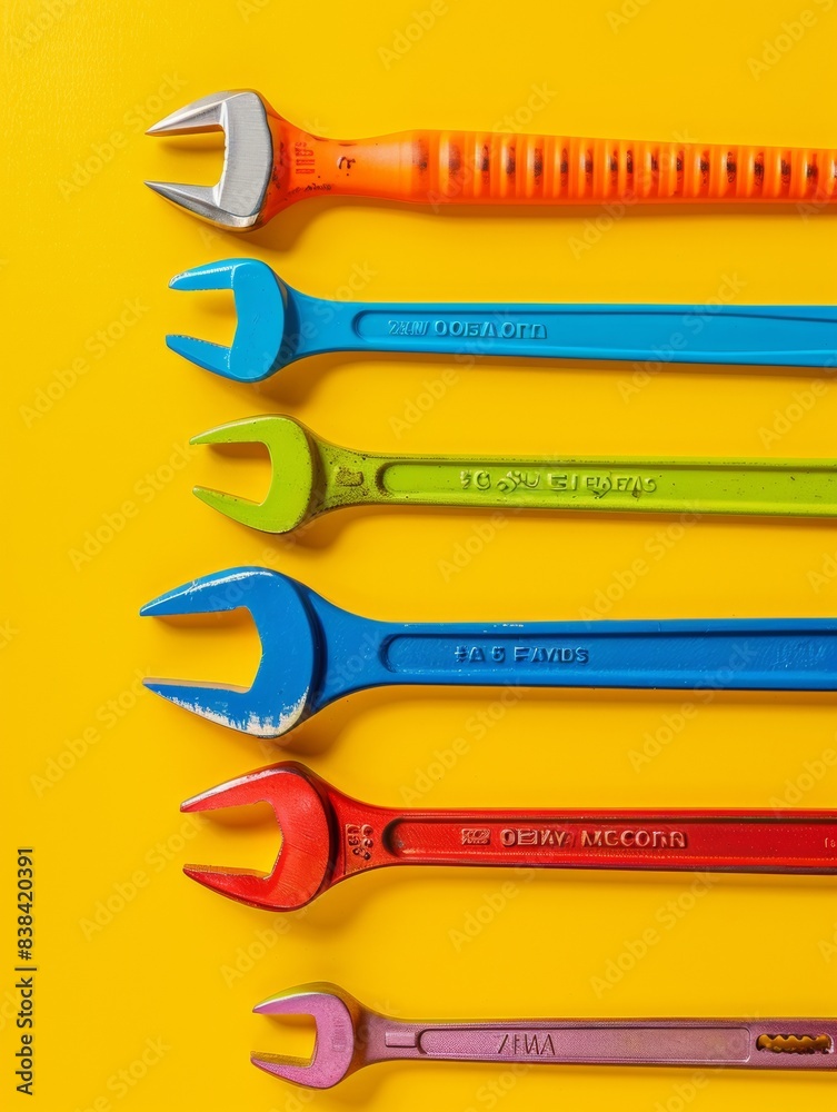 Colorful Array of Wrenches in a Fun and Professional Labor Day Display on Vibrant Yellow Background Colorful Array of Wrenches in a Fun and Professional Labor Day Display on Vibrant Yellow Background
