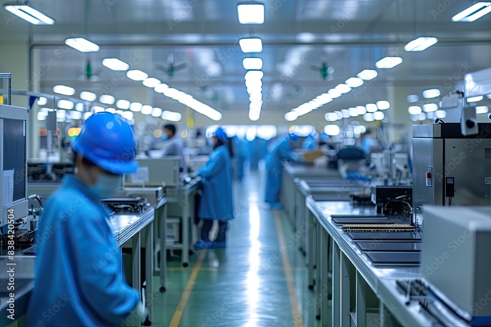 a factory with workers working on electronics, a factory with workers working on electronics, Factory floor with workers packaging electronic devices