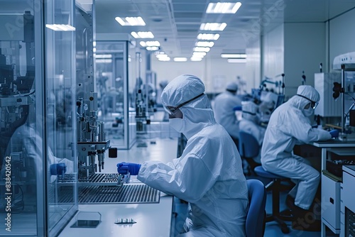 a group of people working in a lab, a group of people working in a lab, Factory technicians assembling medical equipment