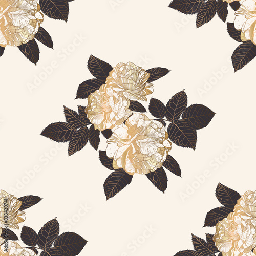 Seamless Luxury Half Drop Pattern with White and Gold Roses and Dark Grey Leaves on White. Great for Textiles, Surfaces, Wallpapers, Wrapping Papers, Fabrics, Prints.