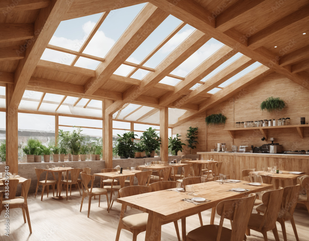 Fototapeta premium Bright and Airy Modern Wooden Restaurant Interior