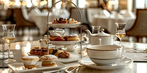 Classic London afternoon tea with pastries appetizers and tea service. Concept Afternoon Tea, London, Pastries, Appetizers, Tea Service